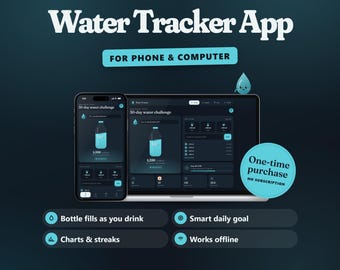 Water Tracker App, Hydration Tracker, Daily Water Intake Goal and Log