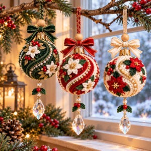 May include: Three spherical Christmas ornaments hanging from a branch. Each features intricate crochet patterns, fabric bows, pearl accents, and a dangling crystal pendant. The ornaments are colored in deep green, red, and cream with floral motifs.