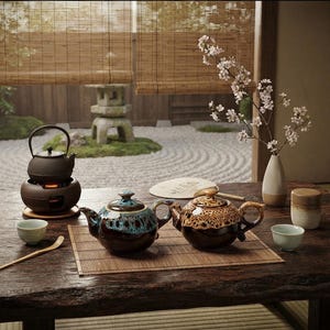 May include: A dark cast iron teapot on a warmer, two ceramic teapots with brown and blue or tan drip glazes, two small light-colored tea cups, a small lidded jar, and a vase with white cherry blossoms arranged on a wooden table.