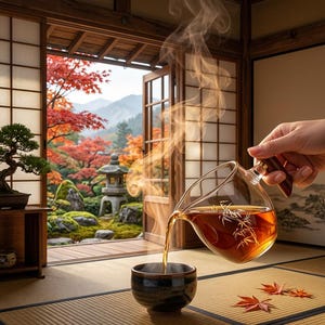 Könnte beinhalten: Eine Teekanne aus klarem Glas mit Holzgriff und Bambusgravuren gießt dampfenden bernsteinfarbenen Tee in eine dunkle Keramikschale. Die Szene spielt in einem Raum mit Tatami-Matten und Blick auf einen Garten mit roten Ahornbäumen.
