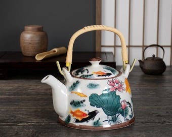 Floral Teapot 1 Liter Japanese Style Porcelain and Clay Teapot with Woven Handle