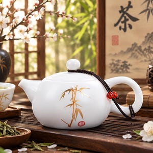 May include: A white ceramic teapot featuring a gold bamboo stalk illustration on the side, a matching lid with a round knob, and a dark brown cord tied to the handle with two small red beads. The teapot has a smooth, rounded body and a spout.