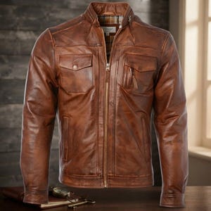 May include: A brown leather jacket featuring a stand-up collar, a full-length gold-tone metal zipper, and two chest pockets with snap-button flaps. The interior is lined with a blue, brown, and white plaid fabric, and the exterior has a distressed finish.