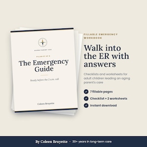 May include: A stack of white paper documents titled The Emergency Guide by Coleen Bruyette, featuring a compass logo. Text includes Fillable Emergency Workbook, Walk into the ER with answers, 7 fillable pages, checklist, and 2 worksheets.