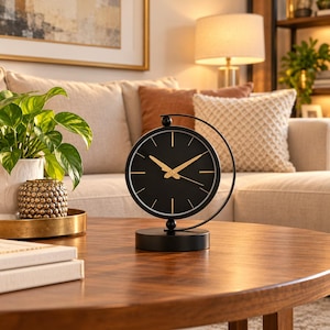 May include: A black table clock with a circular face, gold-toned hands, and gold-toned hour markers. The clock is mounted on a black circular base and features a thin, curved black metal frame that arches over the top of the clock face.