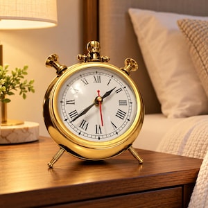 May include: A gold-toned round alarm clock with a white face, black Roman numerals, and black hour and minute hands. A thin red second hand is centered on the dial. The clock features a metallic finish, two top bells, and three small legs.
