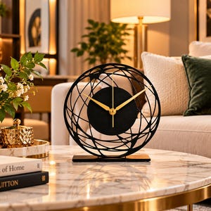 May include: A circular table clock featuring a black metal frame with an abstract, tangled wire design surrounding a solid black center dial. The clock has three thin, gold-colored hands and is mounted on a flat, rectangular black metal base.