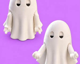 Peut inclure: Deux figurines de fantômes blanches avec des têtes lisses et arrondies et des yeux noirs ovales simples. Chaque personnage présente des bras articulés s'étendant sur les côtés du corps drapé, l'un montrant des mains ouvertes et l'autre des poings fermés.