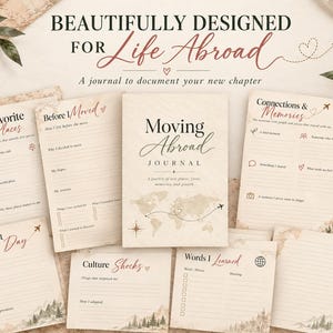 May include: A collection of cream-colored journal pages for a Moving Abroad Journal. The central cover features a world map, a compass, and an airplane path. Surrounding pages include sections titled Favorite Places, Before I Moved, Connections & Memories, My First Day, Culture Shocks, and Words I Learned, all decorated with travel-themed icons.
