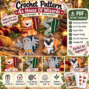 Pode incluir: Um padrão de crochê digital para quatro criaturas com tema de bruxos, incluindo um leão, uma cobra, um pássaro e um guaxinim. O documento inclui instruções passo a passo, fotos claras e está em formato PDF para impressão.