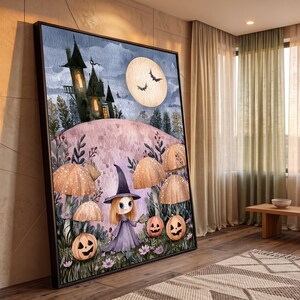 May include: A framed wall art print featuring a whimsical illustration of a character in a purple witch hat and dress standing among large tan mushrooms and orange jack-o'-lanterns, with a dark castle and a full moon in the night sky.