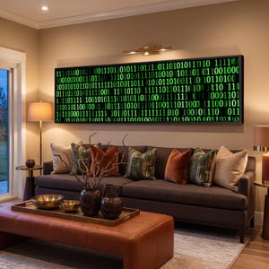 Digital Matrix Stream Canvas, Green Binary Code Wall Art, Cyber Technology Decor, Futuristic Data Display Canvas, Modern Computer Art