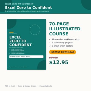 Excel Tutorial Bundle: 70-Page Excel Course PDF + 40-Exercise Workbook, 5 Projects & 3 Cheat Sheet Posters — Learn Excel Formulas