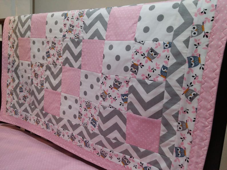 Pink and Gray Owl Crib Quilt