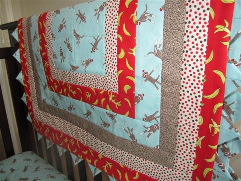 Custom Order Blue Sock Monkey Baby Quilt Set