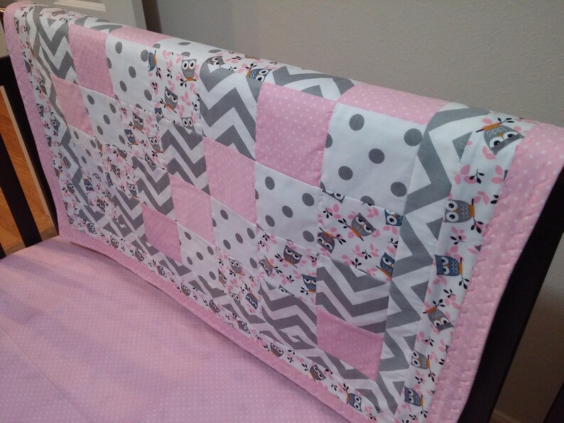 Pink and Gray Owl Crib Quilt