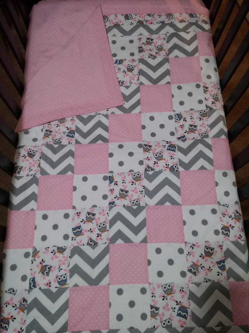 Pink and Gray Owl Crib Quilt