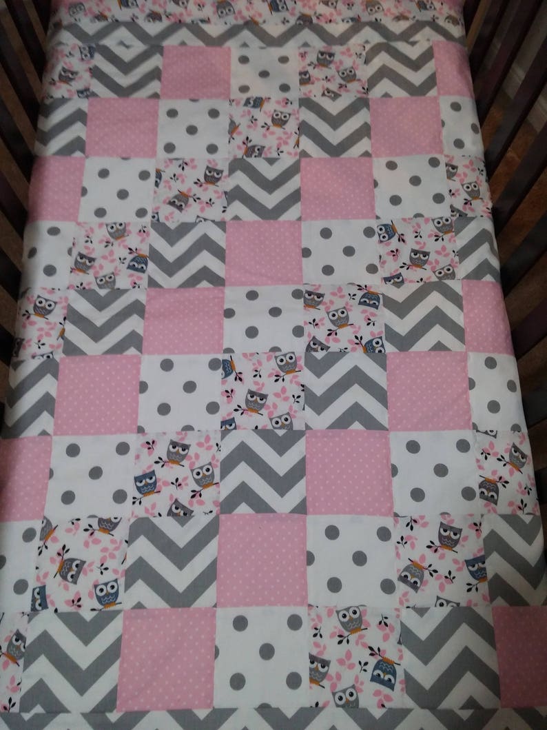 Pink and Gray Owl Crib Quilt