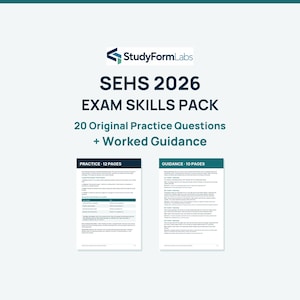 Op de afbeelding: Een StudyFormLabs SEHS 2026 examenvaardigheidspakket met 20 originele oefenvragen en uitgewerkte begeleiding. Het document bevat een oefengedeelte van 12 pagina's en een begeleidingsgedeelte van 10 pagina's, beide met donkerblauwe tekst op wit.
