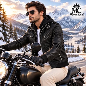 May include: A black leather jacket with a hood, silver zippers, and snap buttons, worn over a white t-shirt. The jacket features ribbed cuffs and a structured collar. The MomalCart logo with a crown icon is visible in the upper right corner.
