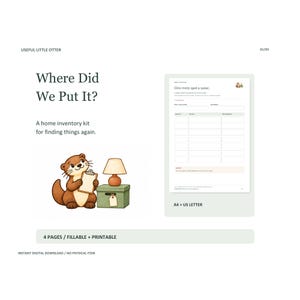 Pode incluir: Um kit de inventário doméstico digital intitulado Where Did We Put It? com uma lontra de desenho animado segurando uma prancheta ao lado de uma lâmpada e uma caixa verde. O documento inclui um formulário com o título Give every spot a name.