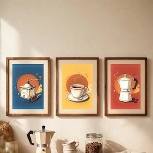 Retro Coffee Wall Art Set of 3, Vintage Moka Pot Coffee Grinder Espresso Cup Prints, Kitchen Coffee Bar Decor, Digital Download