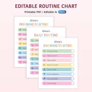 May include: Three editable routine charts titled Olivia's Morning Routine, Daily Routine, and Evening Routine. Each chart features colourful horizontal bars with icons and text for tasks, including checkboxes for tracking progress on a white background.