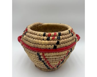 Handmade Woven Coiled Basket Red Black Geometric Pattern with Handles