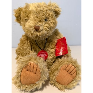 Può includere: Un orsacchiotto di peluche color marrone dorato con pelliccia arruffata, naso marrone scuro e tessuto testurizzato color marrone chiaro sulle piante dei piedi. Indossa una collana di cordino nero con un cartellino rosso rotondo e uno rettangolare.