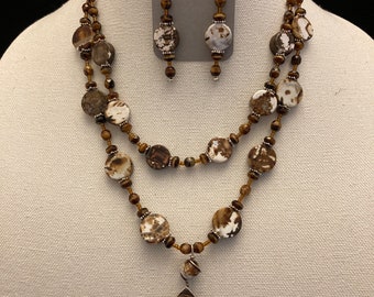 Hand crafted brown and white semi precious and glass beads necklace and earrings set