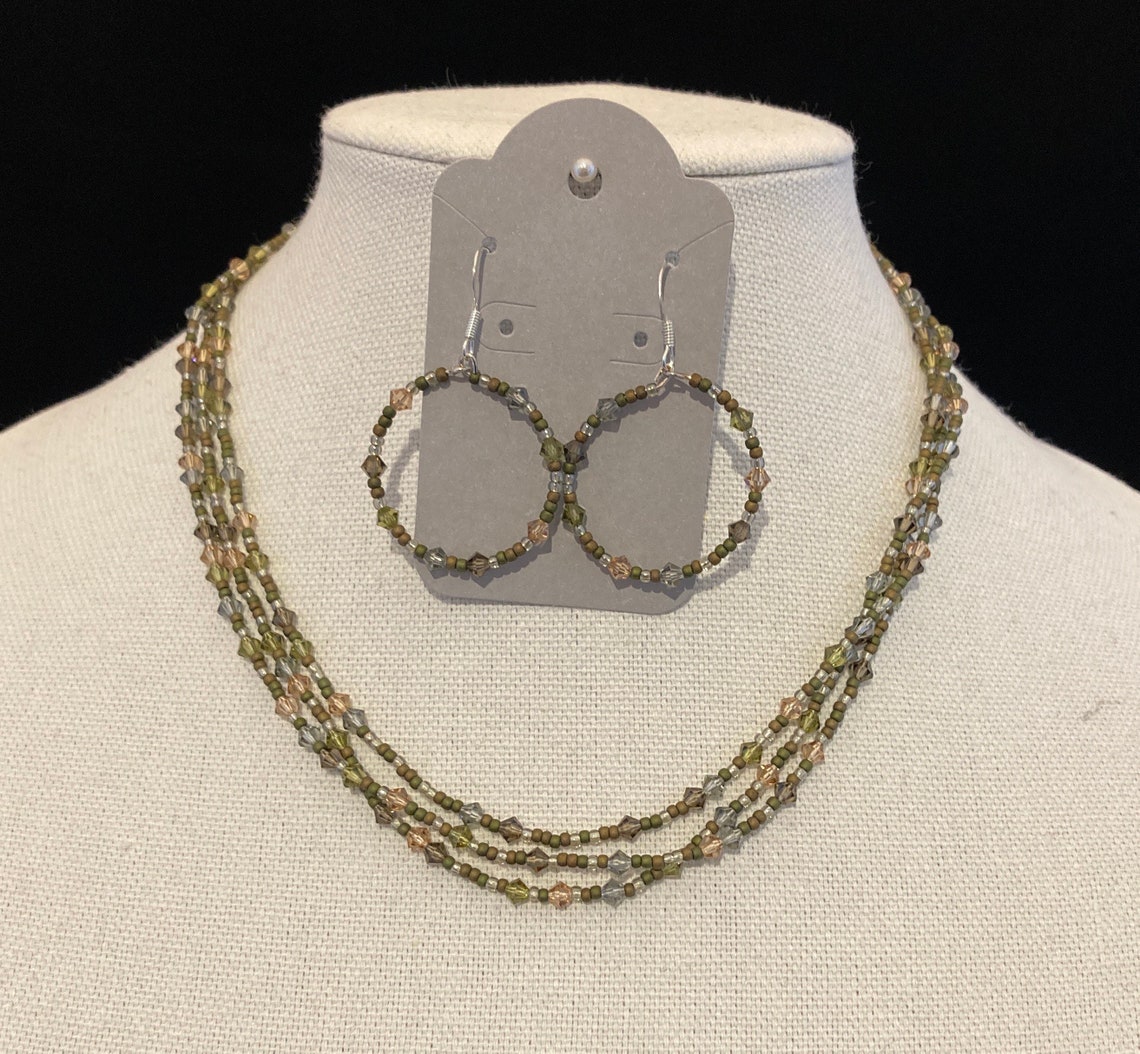Hand Crafted Camouflage Colored Three Strand Necklace With Earrings