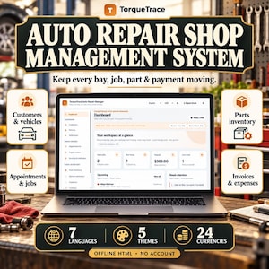 May include: A laptop displaying the TorqueTrace Auto Repair Shop Management System dashboard. The screen shows sections for customers, vehicles, parts inventory, appointments, jobs, invoices, and expenses. Text includes 7 languages, 5 themes, and 24 currencies.