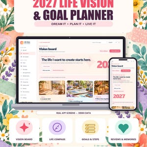 Peut inclure: Un planificateur d'objectifs et de vision de vie 2027 affiché sur un écran d'ordinateur portable et de smartphone. L'interface présente un tableau de vision, une boussole de vie, des objectifs et des avis. Design avec motifs floraux.