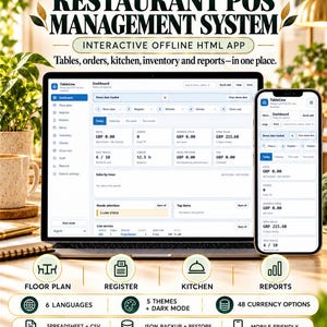 Op de afbeelding: Een restaurant POS-beheersysteem weergegeven op een laptop en smartphone. De interface toont een dashboard met verkoop-, voorraad- en keukengegevens. De tekst bevat YAHYA AI STUDIO, RESTAURANT POS MANAGEMENT SYSTEM en INTERACTIVE OFFLINE HTML APP.