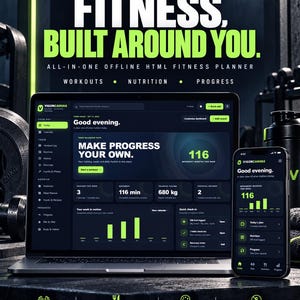Puede incluir: Un ordenador portátil y un smartphone muestran la interfaz del planificador de fitness VigorCanvas en modo oscuro, con registros de entrenamiento, seguimiento nutricional y gráficos. Texto: Fitness, Built Around You.