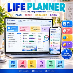 Digitale levensplanner HTML-app: taken, gewoonten, doelen en budget, 12 thema's