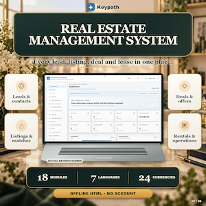 Puede incluir: Una pantalla digital del sistema de gestión inmobiliaria Keypath en un portátil. La interfaz muestra un panel con métricas para clientes potenciales, listados, ofertas y arrendamientos. Texto: 18 módulos, 7 idiomas, 24 divisas.