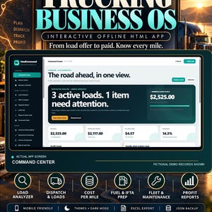 Peut inclure: Une interface d'application HTML interactive hors ligne Trucking Business OS. L'écran affiche un tableau de bord de centre de commande avec suivi des chargements, indicateurs financiers et outils de répartition. Le texte inclut Trucking Business OS et des étiquettes.