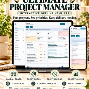 Może przedstawiać: Laptop i smartfon wyświetlające pulpit nawigacyjny interaktywnej aplikacji HTML offline Ultimate Project Manager. Funkcje obejmują tablicę Kanban, śledzenie czasu, narzędzia budżetowe i ryzyka, 11 języków, 5 motywów, tryb ciemny i obsługę wielu walut.