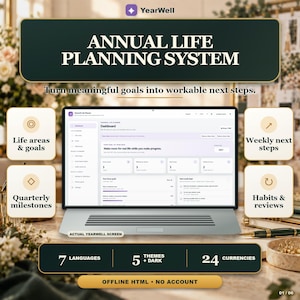 Può includere: Un sistema digitale di pianificazione annuale della vita visualizzato su uno schermo di un computer portatile. L'interfaccia presenta una dashboard con sezioni per aree di vita, obiettivi, passaggi settimanali, traguardi trimestrali e abitudini.
