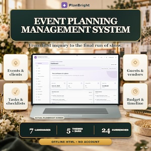 Può includere: Un'interfaccia digitale di sistema di gestione per la pianificazione di eventi su uno schermo di un portatile. La dashboard mostra sezioni per eventi, clienti, ospiti, fornitori, attività, checklist, budget e scadenze. Testo: PlanBright, 7 lingue, 5 temi, 24 valute.