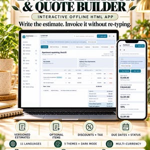 Può includere: Una presentazione di prodotto digitale per un'app HTML interattiva offline per la generazione di fatture e preventivi. L'immagine mostra lo schermo di un portatile e di uno smartphone con interfacce di dashboard finanziaria, con testo che elenca funzionalità come stime versionate, elementi opzionali, sconti, tasse, scadenze, stato, multivaluta e funzionalità offline.
