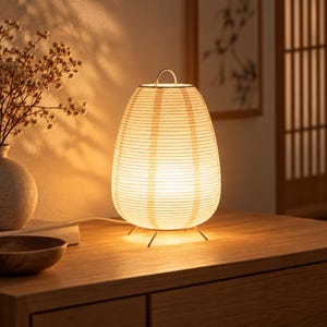 Japanese Paper Lantern Table Lamp, Noguchi Style, Japandi Decor, Wabi Sabi Light