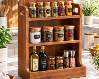 May include: A three-tiered wooden spice rack holding glass jars with bamboo lids and black labels. The top shelf features herbs and spices, the middle shelf contains sea salt and spices, and the bottom shelf holds oil, vinegar, honey, mustard, and salt and pepper grinders.