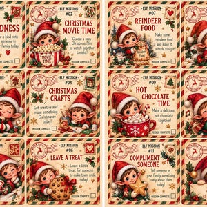 May include: A set of twelve rectangular cards featuring vintage-style illustrations of elves performing various holiday tasks. Each card includes a North Pole postmark, a mission number, a title, a short activity description, and a mission complete checkbox.