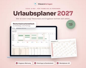 Könnte beinhalten: Ein digitaler Urlaubsplaner 2027 für Excel und PDF auf einem Laptop-Bildschirm, mit automatischer Resturlaubsberechnung für Teams, einer Monatsansicht und einer zusätzlichen A3-Wandplaner-Grafik auf einem hellrosa Hintergrund.