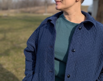 Upcycled Quilted Chore Coat: Unisex L/XL Navy Blue Vintage Jacket
