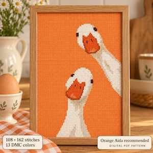 May include: A cross-stitch embroidery in a light wood frame featuring two white geese with orange beaks against a solid orange background. The design includes text indicating 108 by 162 stitches, 13 DMC colors, and a recommendation for orange Aida fabric.