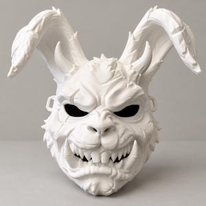 Puede incluir: Una máscara blanca de rostro completo con un diseño de conejo estilizado, orejas largas y texturizadas, cuernos prominentes y una expresión feroz. La máscara muestra dientes afilados visibles, una amplia sonrisa y cuencas oculares oscuras.