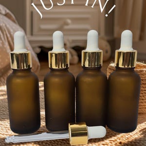 2 Frosted Amber Glass Boston Round Bottle with Gold Metal and Glass Dropper for Oils